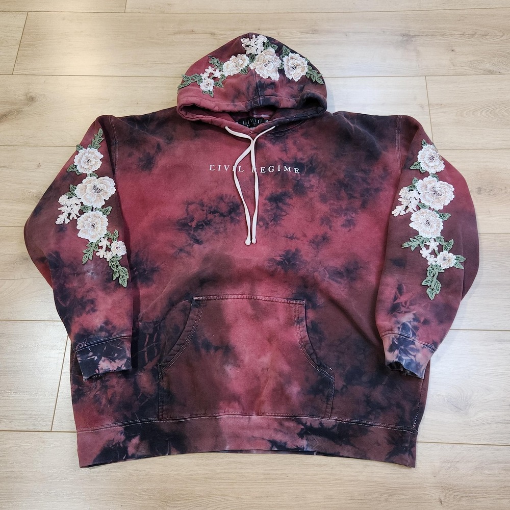 Civil Regime Hoodie Sweatshirt Mens 2XL Red Tie Dye Floral Fleece Embroidered